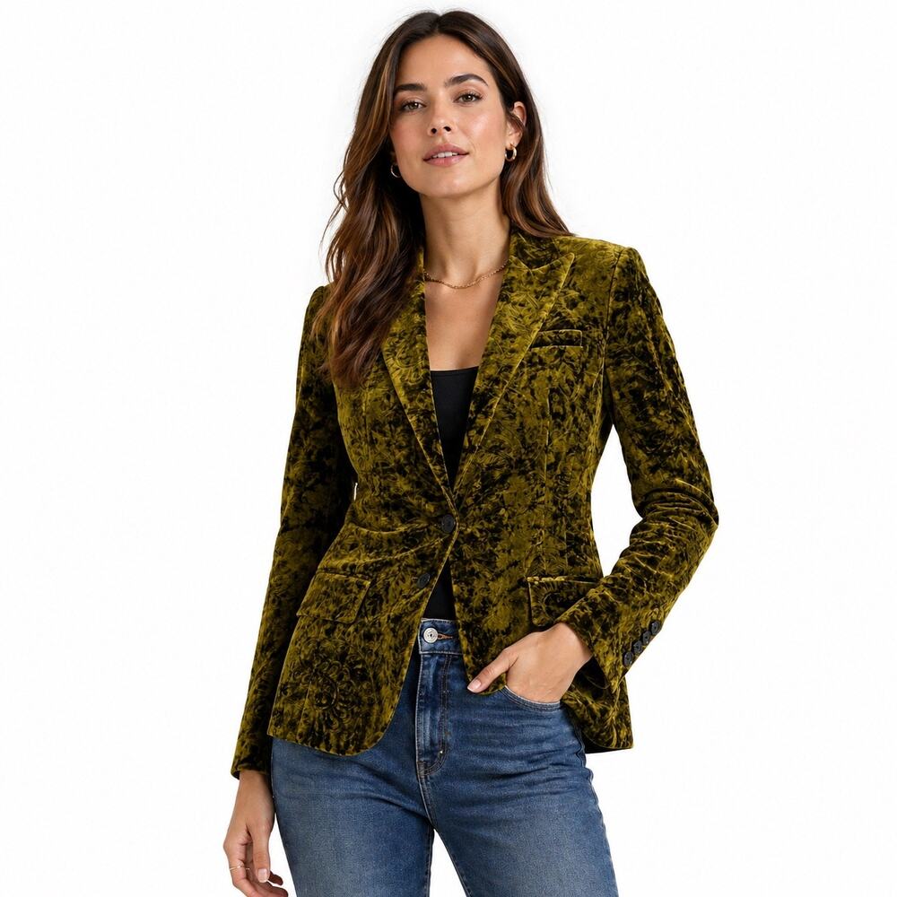 By Judy Zhang Olive Green Velvet Burnout Blazer Jacket Size 6